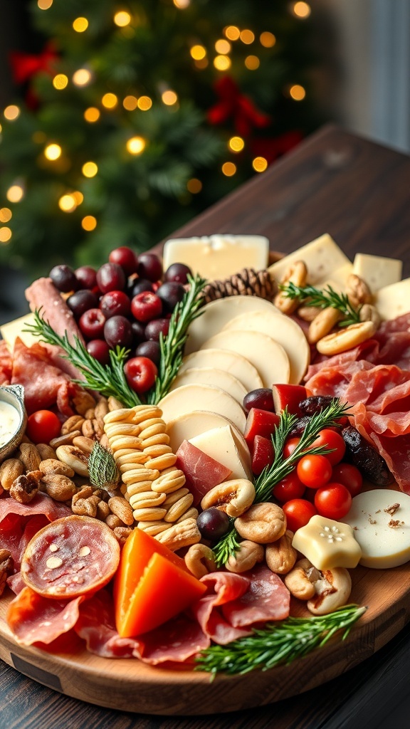 A festive charcuterie board with meats, cheeses, fruits, nuts, and holiday sweets, decorated with herbs.